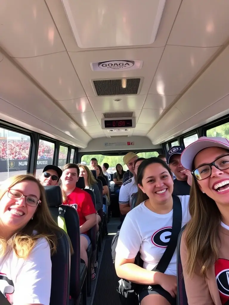 A 15-passenger shuttle with passengers enjoying a ride to a UGA football game, showcasing the fun and convenience of group transportation.