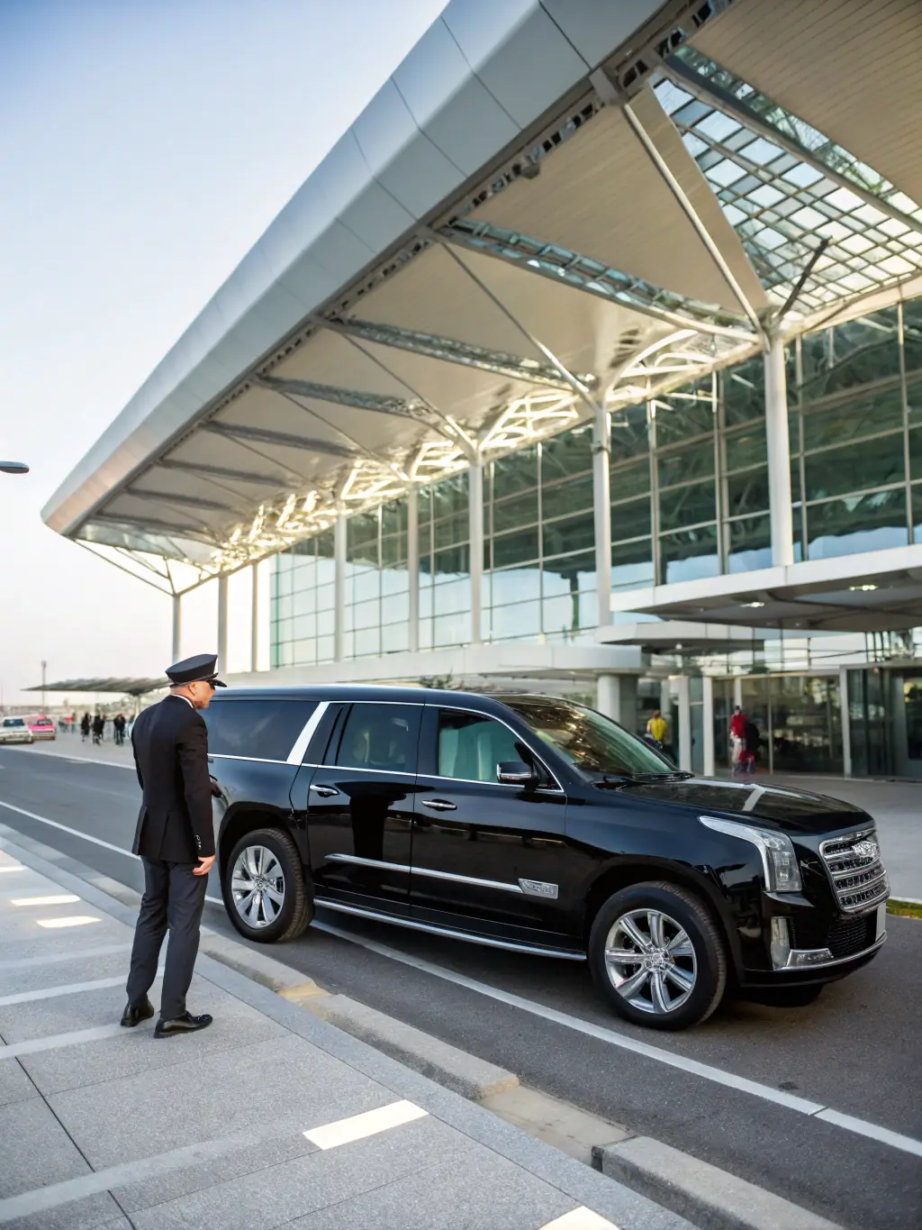 A private shuttle providing airport transportation, with a professional driver assisting with luggage, emphasizing the convenience and reliability of the service.