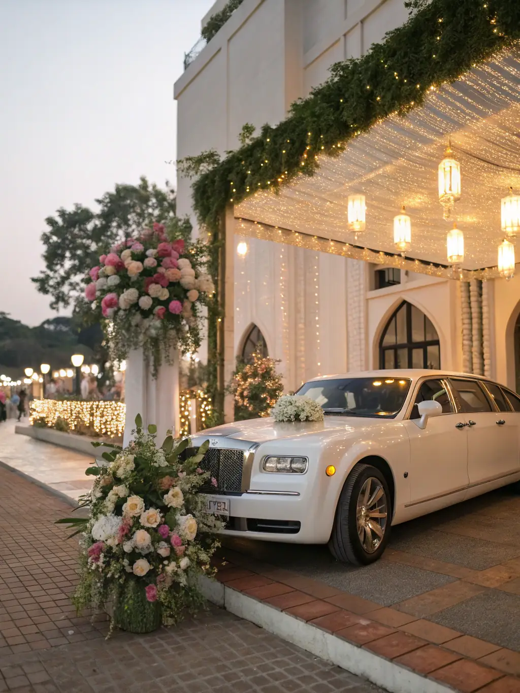 An elegant private shuttle with a luxurious black leather interior, parked outside a wedding venue, ready for a special event.